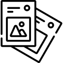 Symbol: zwei Blätter mit Bild und Textzeilen für Aushänge und Flyer