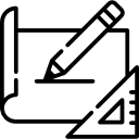 Symbol: Planblatt mit Bleistift und Geodreieck für technische Zeichnungen